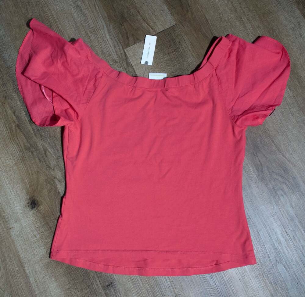 Maeve Anthropologie Large Pink Off Shoulder Puff Sleeve Top Cotton Stretch